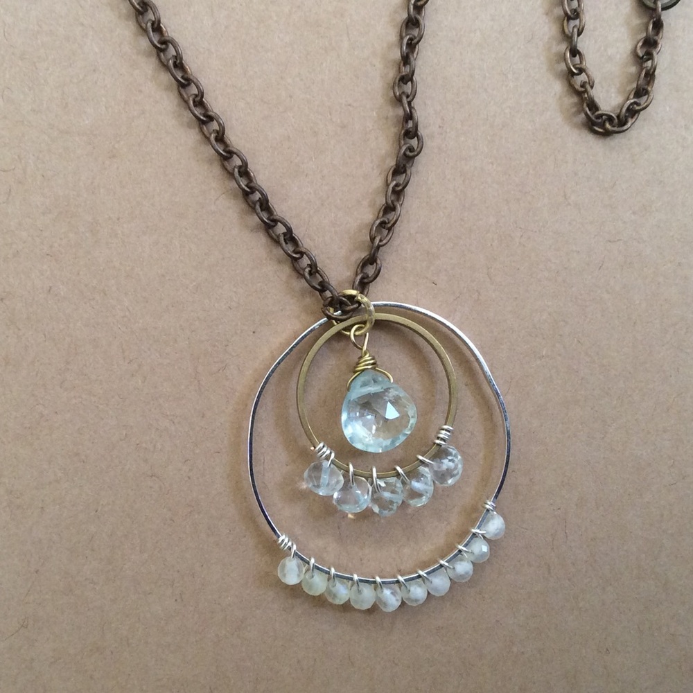 Handcrafted Sundance charm natural aquamarine lemon quartz brass necklace 30”